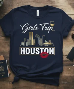 Girls Trip Houston skyline t-shirt design with white script text, city silhouette, and red lips graphic