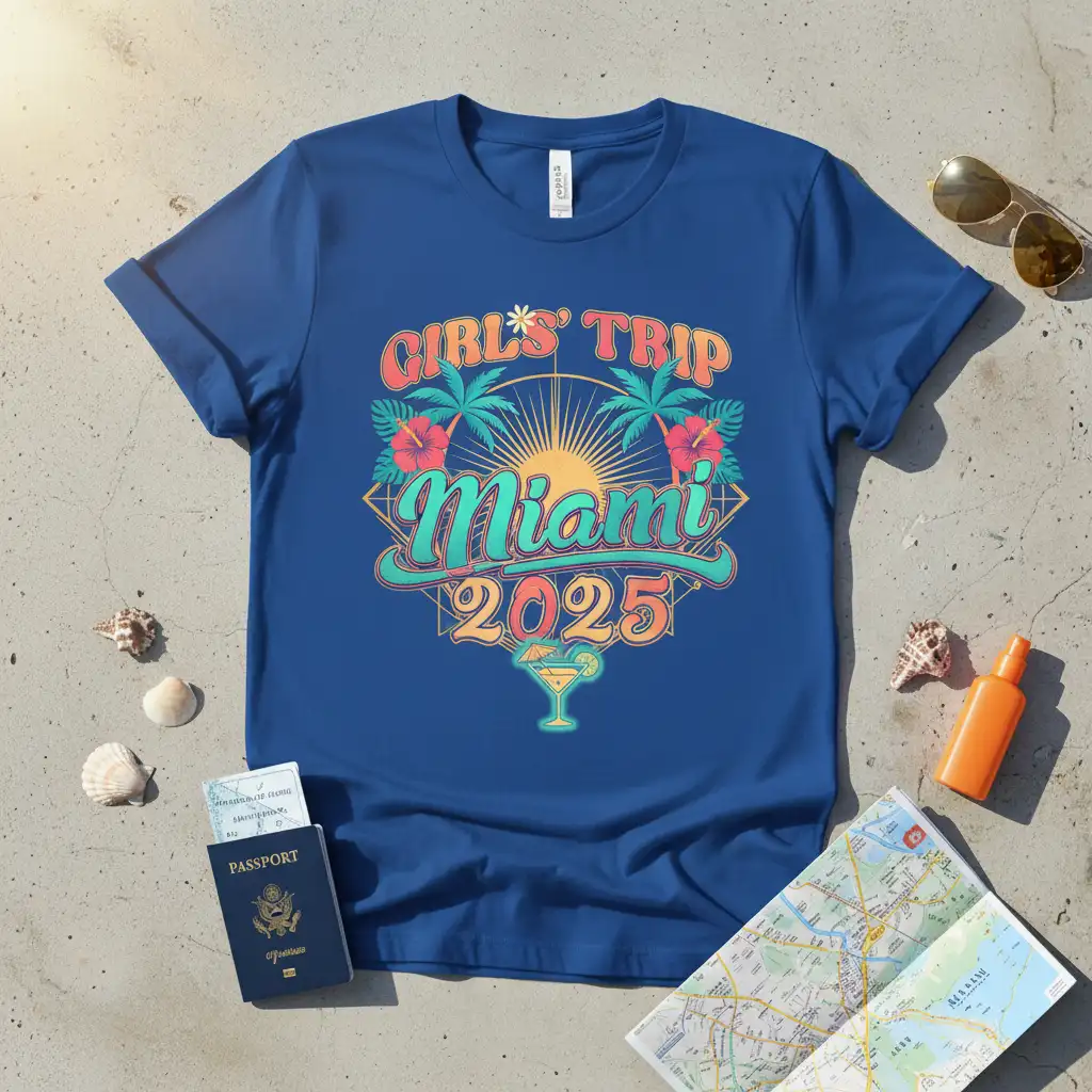 Vibrant Girls' Trip Miami 2025 design with tropical elements and retro typography on a blue shirt