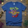 Girls Trip New Orleans 2025 text with Mardi Gras mask, high heel, and cocktail graphic on a royal blue t-shirt