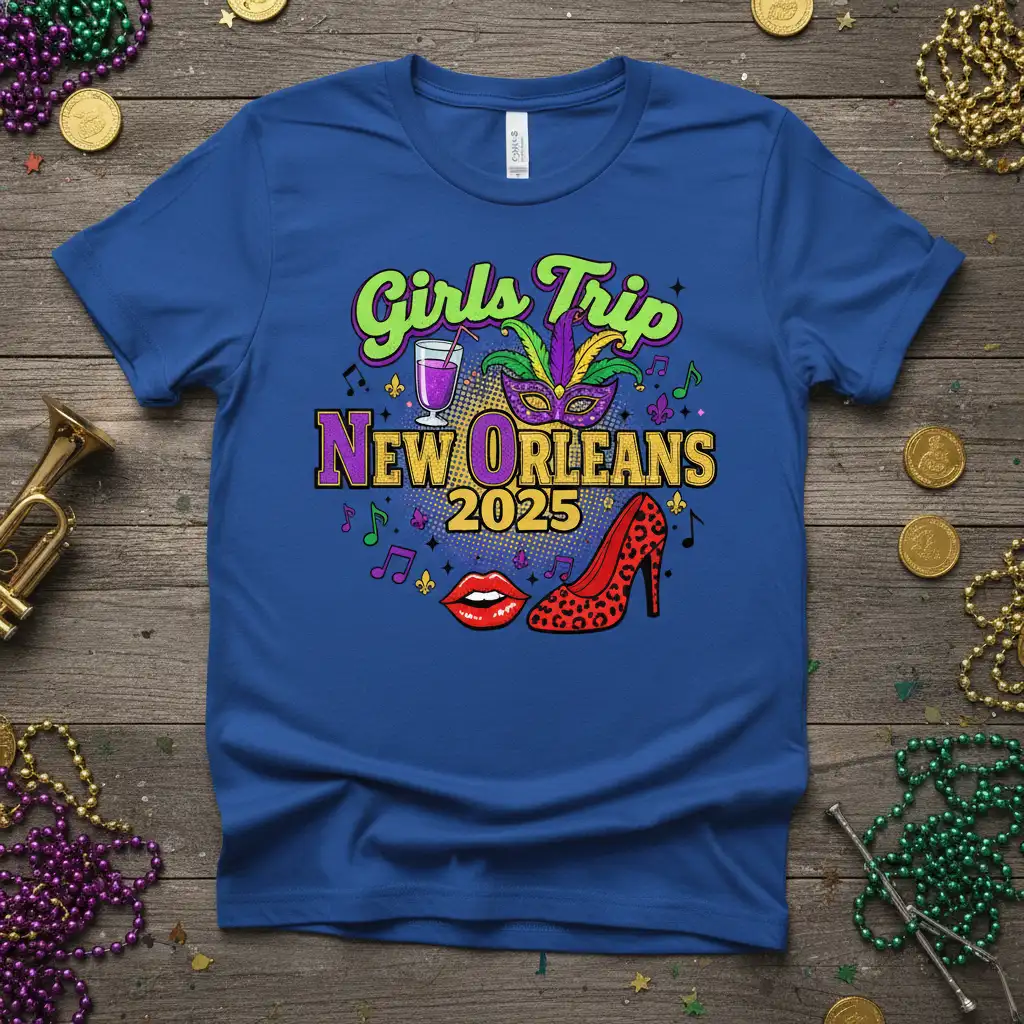 Girls Trip New Orleans 2025 graphic tee design featuring Mardi Gras mask, cocktail, and high heel
