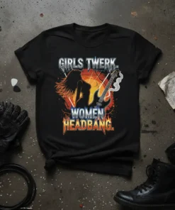 GIRLS TWERK. WOMEN HEADBANG. text with a silhouette of a woman and an electric guitar, surrounded by fire and smoke