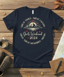Girls Weekend 2024 Great Times Great Laughs Great Friends Great Memories t-shirt design with mountains and sun graphic
