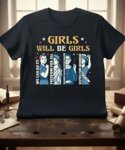 Black t-shirt with "Girls Will Be Girls" text and illustrations of four women representing freedom and votes