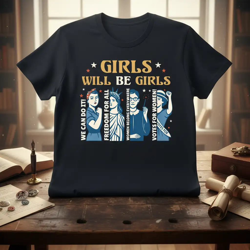 Girls Will Be Girls feminist t-shirt design with empowering slogans and female figures illustration