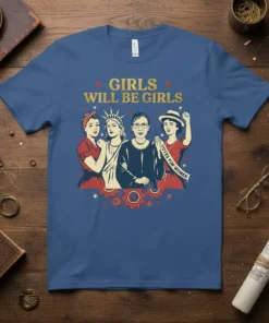 Girls Will Be Girls feminist t-shirt design featuring Rosie the Riveter, Statue of Liberty, Ruth Bader Ginsburg, and a suffragette