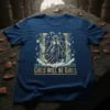 Girls Will Be Girls slogan tee featuring a powerful female goddess graphic with classical pillars and a sword