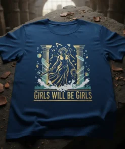 Girls Will Be Girls slogan tee featuring a powerful female goddess graphic with classical pillars and a sword