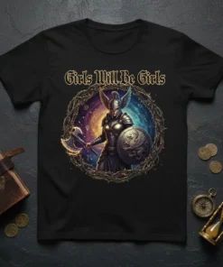 Black t-shirt with "Girls Will Be Girls" text above a Viking warrior woman holding an axe and shield, surrounded by