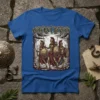 Girls Will Be Girls text design with three female Spartan warriors holding shields and spears, blue t-shirt