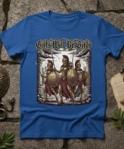 Girls Will Be Girls text design with three female Spartan warriors holding shields and spears, blue t-shirt