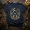 Girls Will Be Girls t-shirt design with three dancing witches, a crescent moon, and celestial stars, in a circular emblem