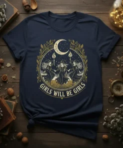 Girls Will Be Girls t-shirt design with three dancing witches, a crescent moon, and celestial stars, in a circular emblem