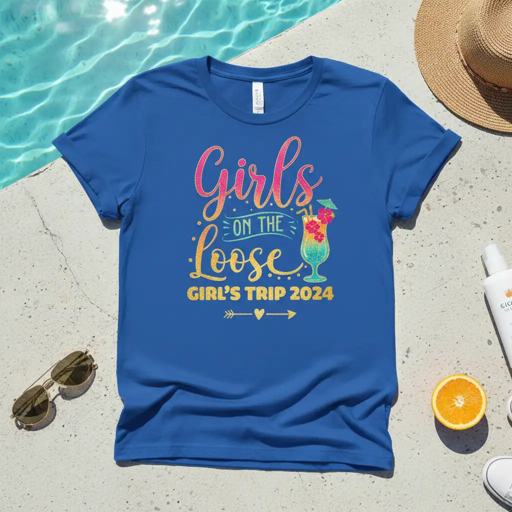 Girls on the Loose Girl's Trip 2024 text and tropical cocktail graphic on a blue vacation t-shirt