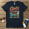 Girl's On The Loose Girls Trip 2025 text with cocktail and hearts graphic on a navy t-shirt