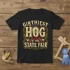 Girthiest Hog at the State Fair text design with hog graphic and farm elements on a black t-shirt
