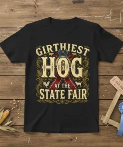 Girthiest Hog at the State Fair text design with hog graphic and farm elements on a black t-shirt