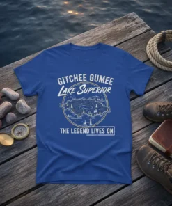 Blue t-shirt with "Gitchee Gumee Lake Superior The Legend Lives On" text and a map graphic of Lake Superior