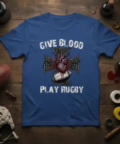 Give Blood Play Rugby text design with a graphic heart, cross, and rugby ball. Blue t-shirt graphic