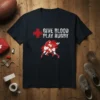 Give Blood Play Rugby t-shirt design with text and graphic of rugby players, featuring a red cross symbol