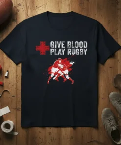 Give Blood Play Rugby t-shirt design with text and graphic of rugby players, featuring a red cross symbol