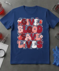 Give Blood Save Lives text design with blood drop and medical icons on a navy blue t-shirt