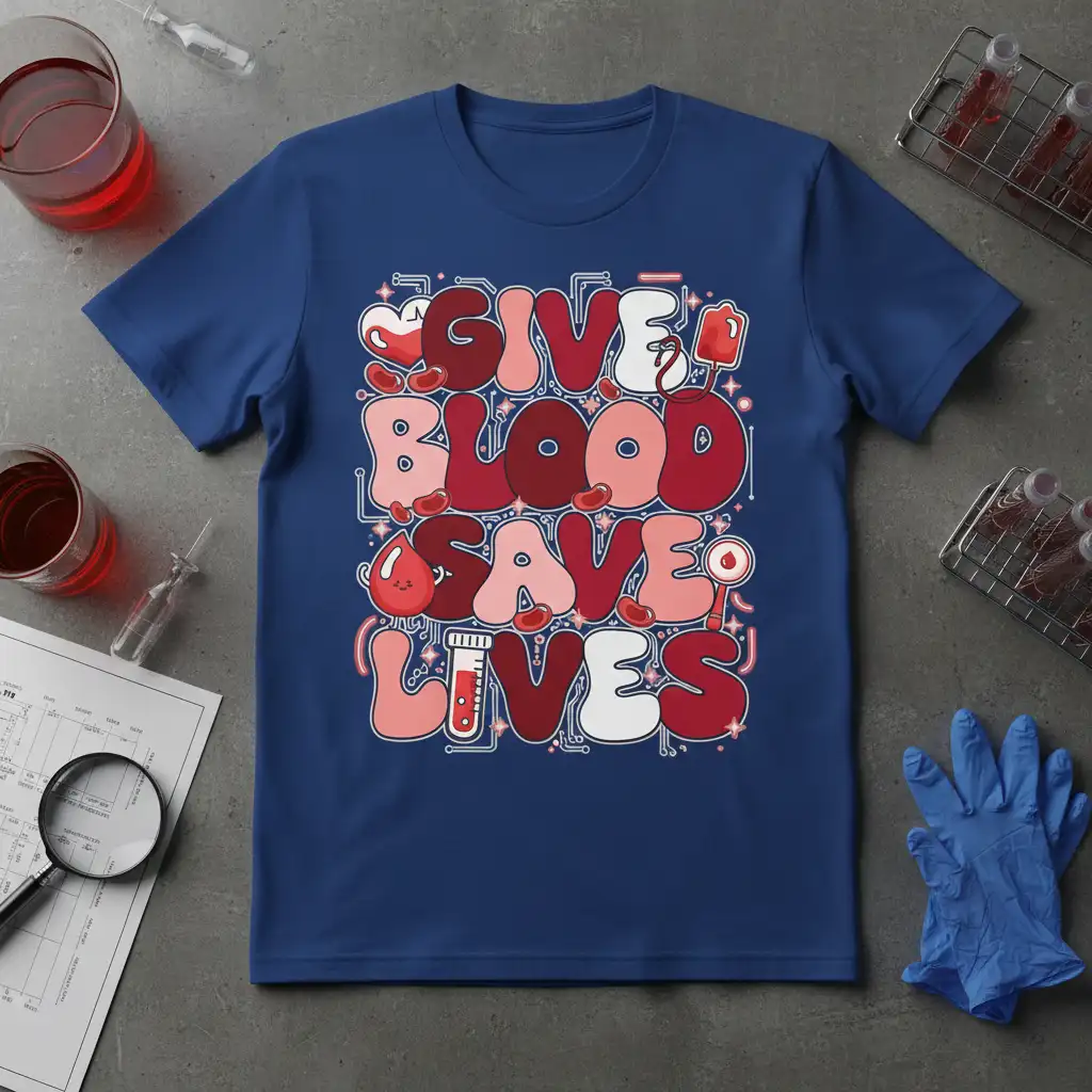 Give Blood Save Lives quote design with medical icons on a blue t-shirt