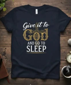 Christian T-Shirt with "Give it to God and GO TO SLEEP" quote and ornate cross graphic