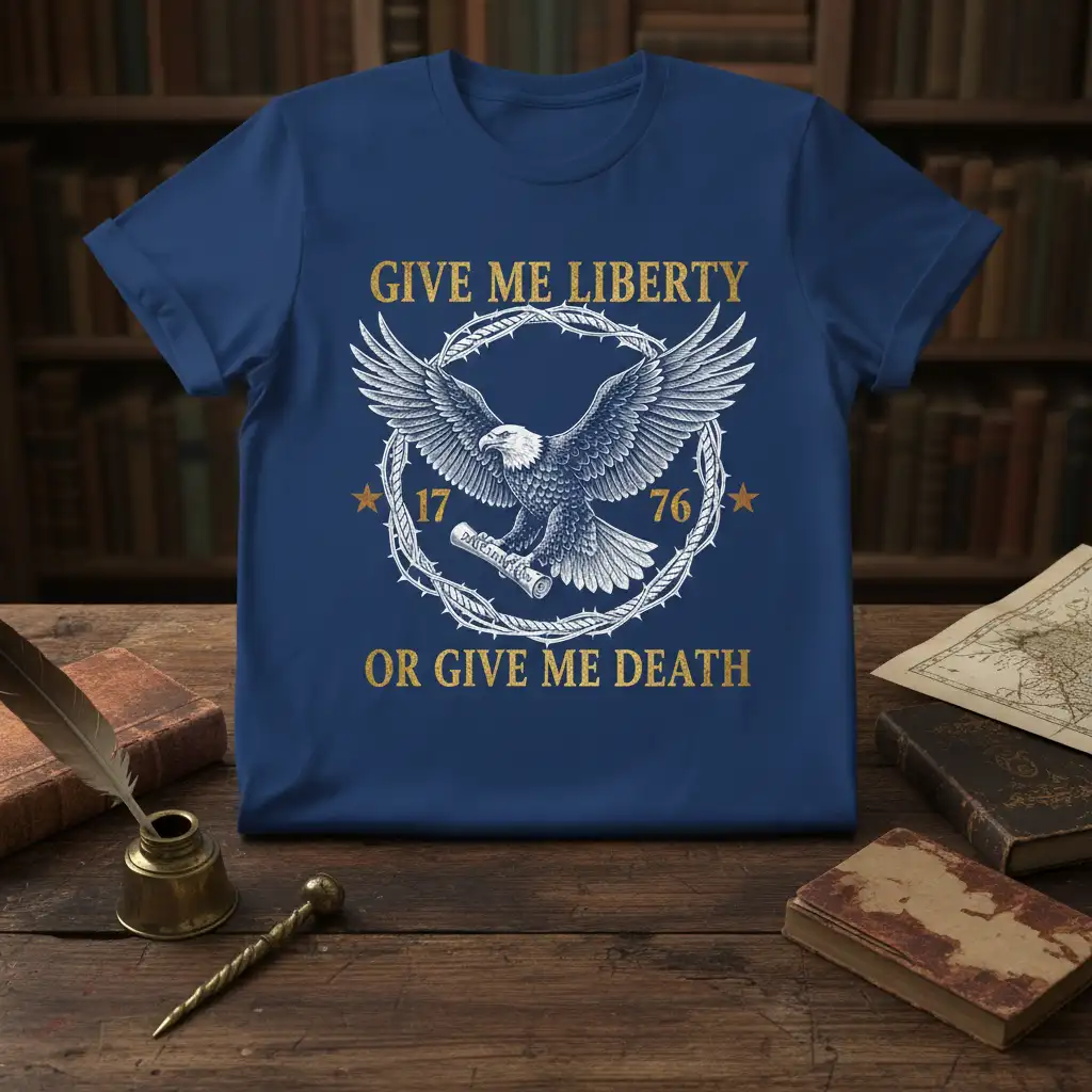 Give Me Liberty Or Give Me Death patriotic t-shirt featuring a detailed American eagle design and historical quote