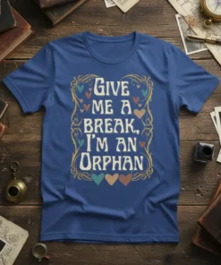 "Give Me A Break, I'm An Orphan" quote t-shirt with decorative border and colorful hearts, presented on a blue tee