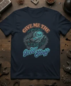 Give Me The Good Stuff T-Shirt with a robot hand holding a cube and circuit board design