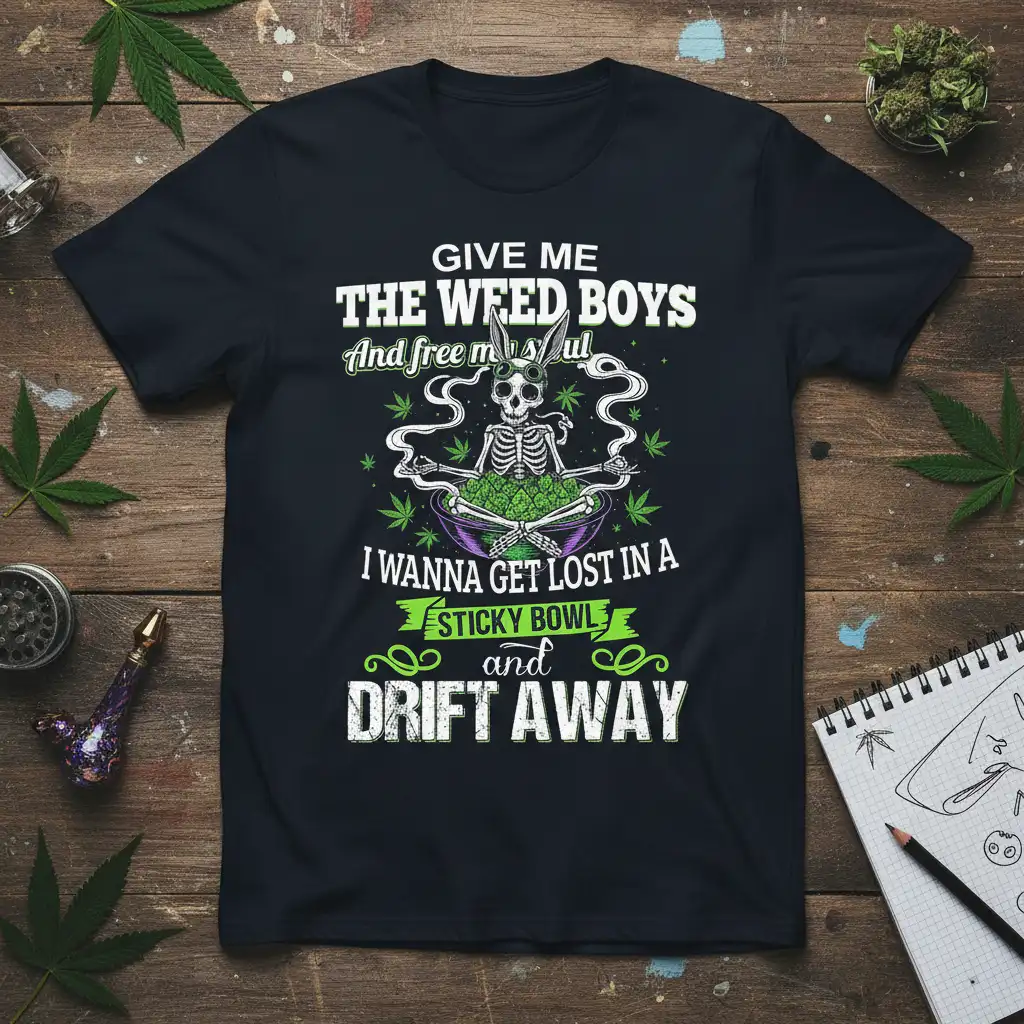 GIVE ME THE WEED BOYS I WANNA GET LOST IN A STICKY BOWL and DRIFT AWAY quote with skeleton meditating on cannabis