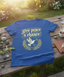 Blue t-shirt with "give peace a chance" text and a dove holding an olive branch with the Earth graphic, surrounded