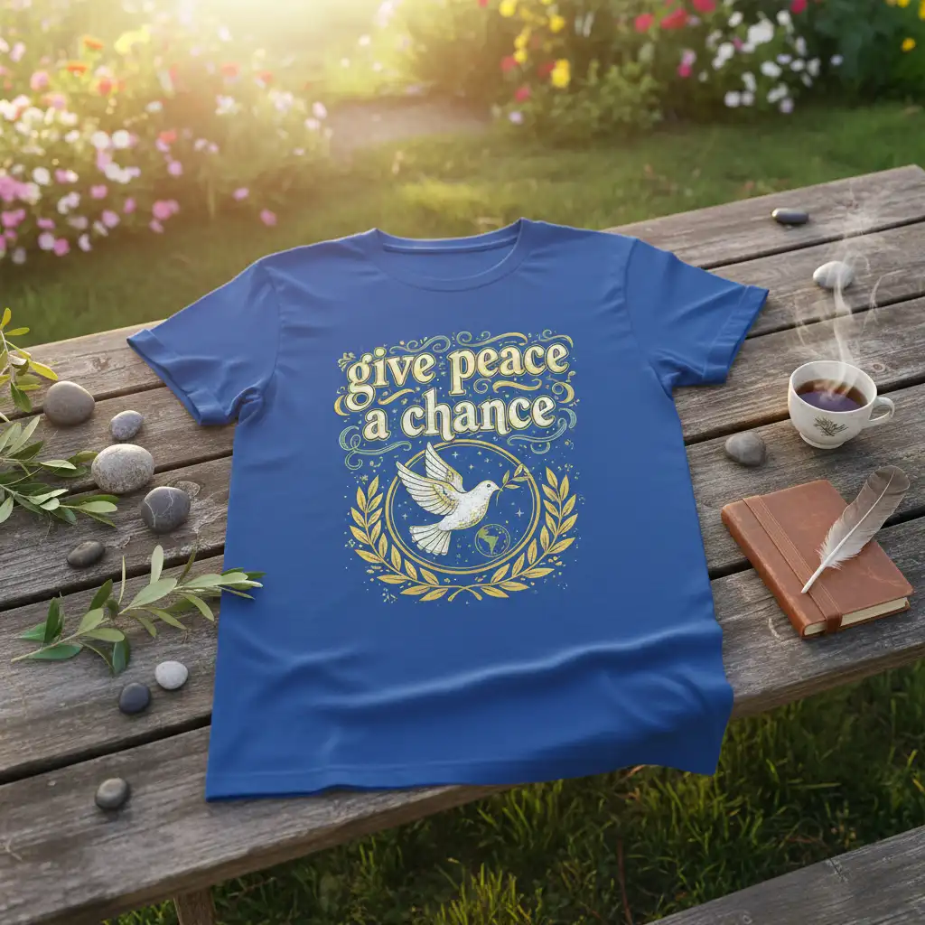 Give peace a chance quote on a blue t-shirt with a dove and Earth graphic symbolizing global harmony