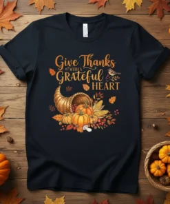 Give Thanks with a Grateful Heart t-shirt design featuring pumpkins, corn, and a horn of plenty