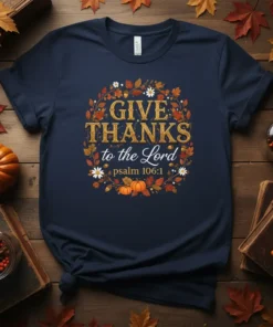 Give Thanks to the Lord psalm 106:1 Thanksgiving T-Shirt with autumn wreath and pumpkins graphic