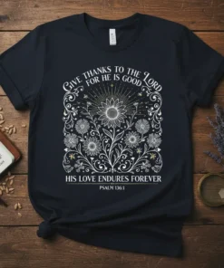 Christian t-shirt with "Give Thanks To The Lord For He Is Good His Love Endures Forever Psalm 136:1" text and