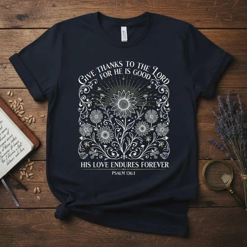 Give Thanks To The Lord For He Is Good His Love Endures Forever Psalm 136:1 scripture t-shirt with floral design