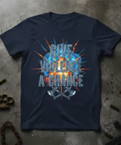 GIVE VIOLENCE A CHANCE text with explosive graphic and crossed axes on a navy blue t-shirt