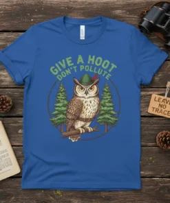 Give a Hoot Don't Pollute text with a vintage style owl wearing a green hat and forest graphic on a