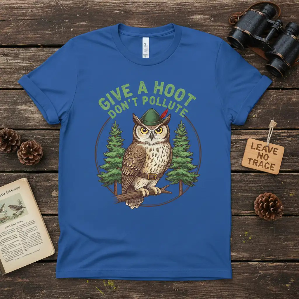 Give a Hoot Don't Pollute vintage owl design with forest graphic and green text on a blue tee