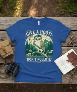 Give A Hoot! Don't Pollute text with a cartoon owl on a branch, forest and mountain background, printed on a
