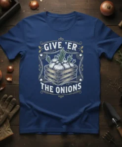 Give 'Er The Onions gardening t-shirt design with crate of onions graphic and distressed typography