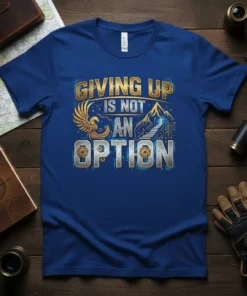 Giving Up Is Not An Option quote on a blue t-shirt with phoenix and mountain graphic
