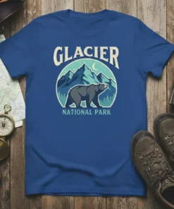 Glacier National Park t-shirt design with a bear walking in front of mountains under a crescent moon