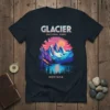 Glacier National Park Montana graphic tee with colorful mountain sunset and lake scene