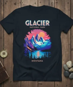 Glacier National Park Montana graphic tee with colorful mountain sunset and lake scene