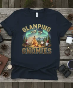 Glamping with my Gnomies t-shirt design featuring gnomes camping under the aurora borealis