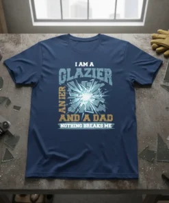 Navy t-shirt with text "I Am A Glazier And A Dad Nothing Breaks Me" featuring a shattered glass graphic
