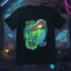 GLERP! GLORP! ZEP ZEP ZEP text with a green alien cat and exploding Earth graphic on a black t-shirt