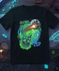 GLERP! GLORP! ZEP ZEP ZEP text with a green alien cat and exploding Earth graphic on a black t-shirt